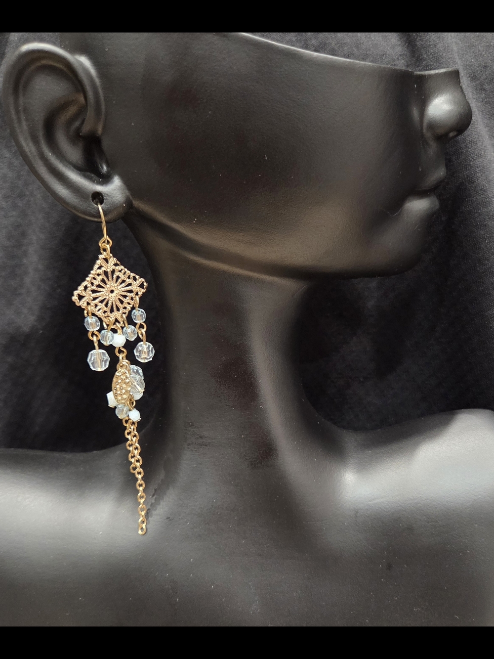 Gold Filigree Drop Earrings with Blue Crystal Beads